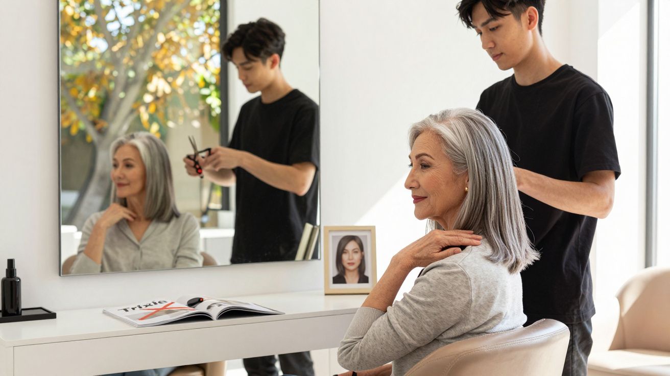 Homem corta cabelo de mulher madura grisalha em salão moderno com espelho ao fundo.