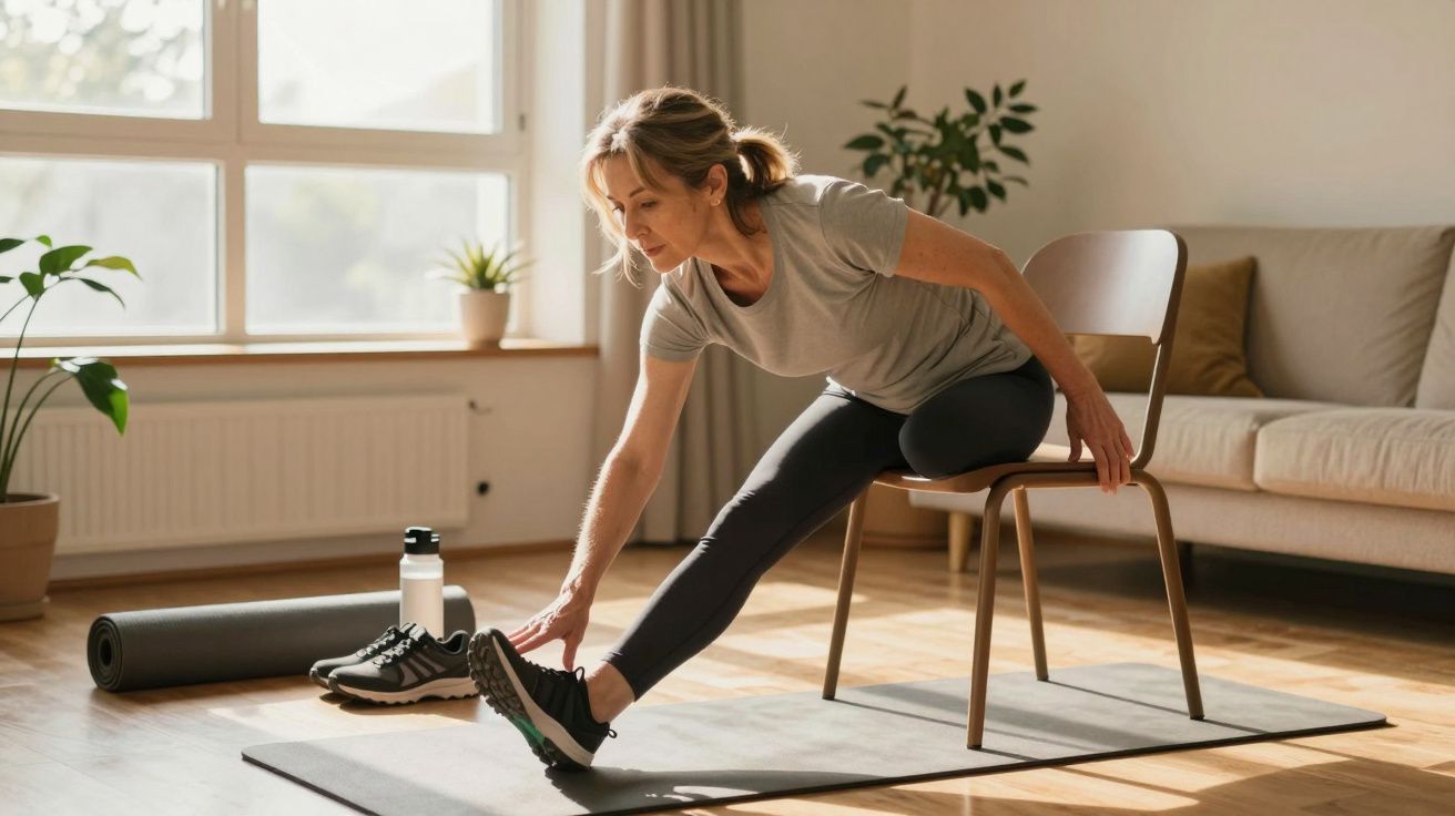 Mulher faz alongamento sentada em cadeira em sala iluminada, com tapete, tênis e garrafa ao lado.