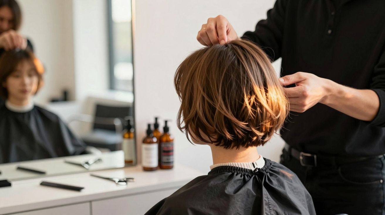 Pessoa com cabelo curto castanho sendo arrumado por cabeleireiro em salão de beleza iluminado.
