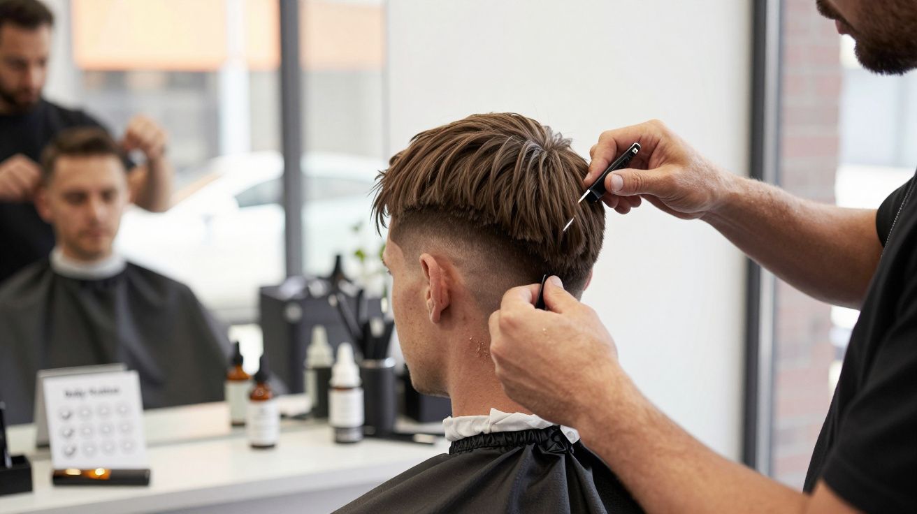 Homem cortando o cabelo de outro homem em barbearia moderna com janela ao fundo.
