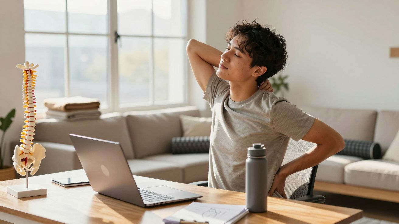Jovem sentado em mesa de escritório massageando a região lombar com expressão de desconforto.