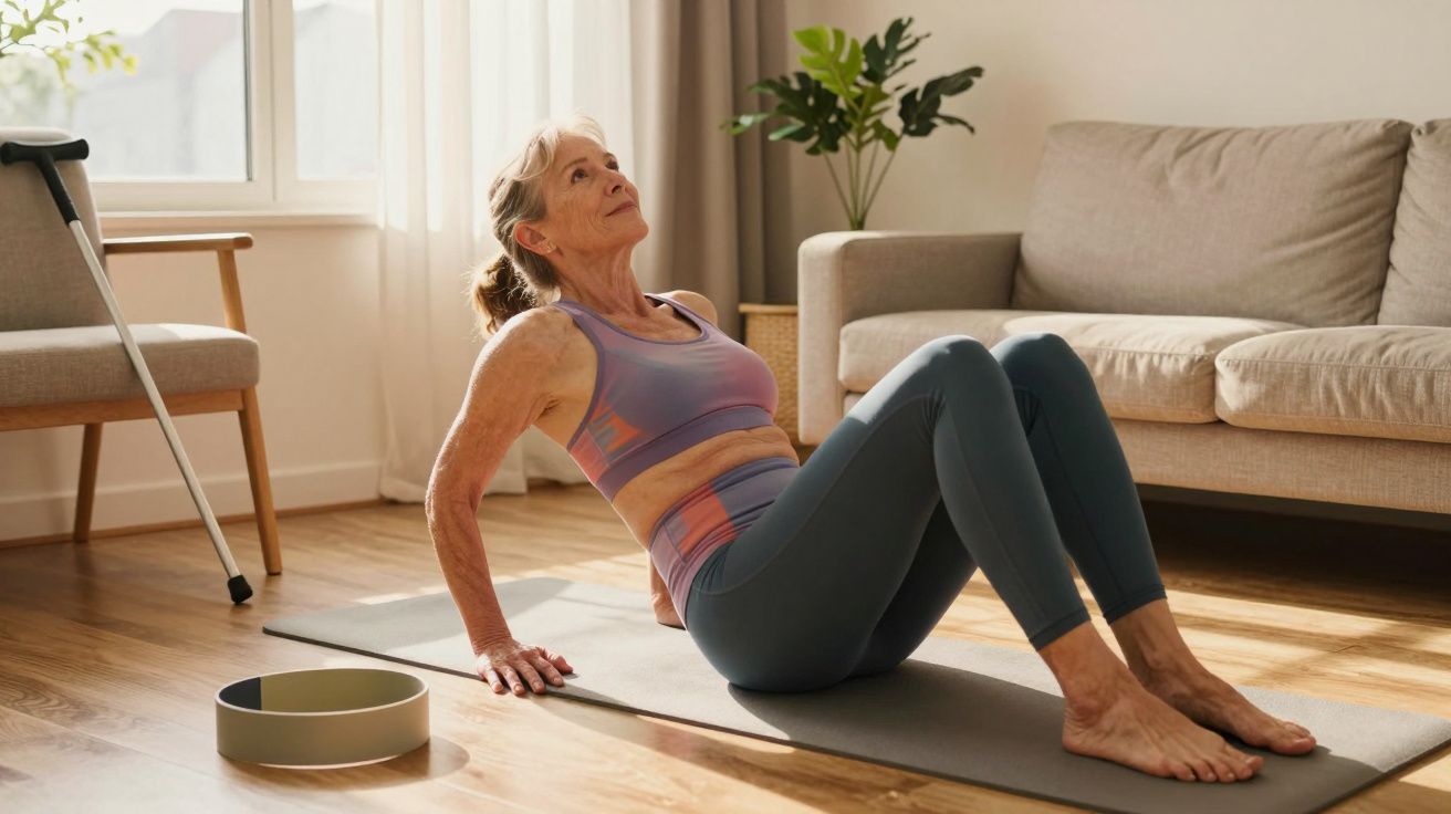 Mulher madura fazendo exercícios de alongamento no tapete da sala iluminada, com muleta ao lado.