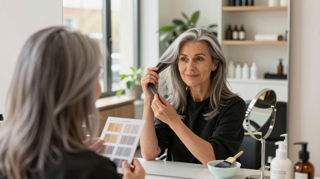 Mulher madura com cabelos grisalhos olhando no espelho e segurando mechas do cabelo em casa.