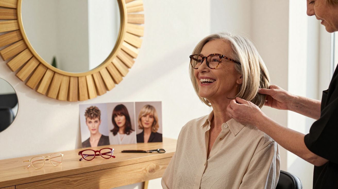 Mulher sorridente com cabelo curto sendo penteada em salão com espelho e modelos de cortes ao fundo.