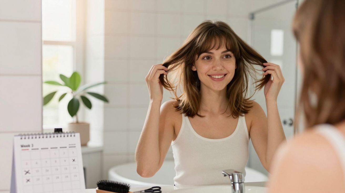 Mulher sorrindo olhando para o espelho, levantando o cabelo, em banheiro iluminado com planta ao fundo.