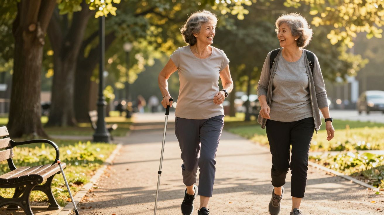 Duas mulheres idosas caminhando e sorrindo em parque ensolarado com árvores e banco ao lado.
