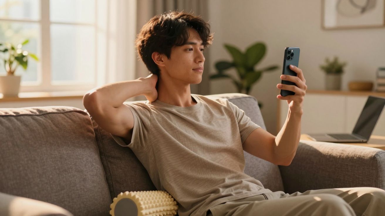 Jovem sentado no sofá usando rolo de massagem no pescoço e olhando para o celular.
