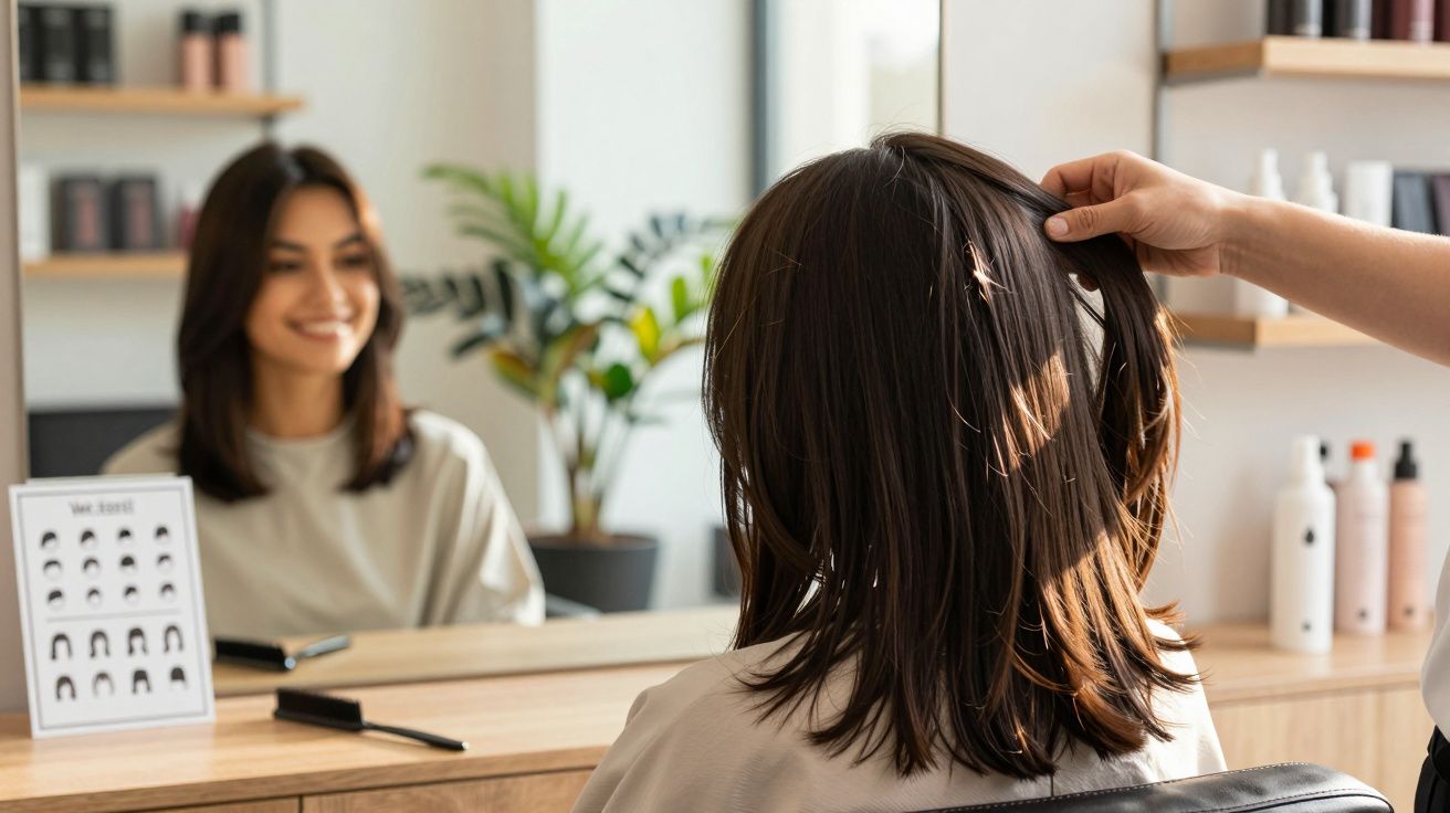 Mulher no salão de beleza olhando no espelho enquanto cabeleireiro ajeita cabelo castanho médio.