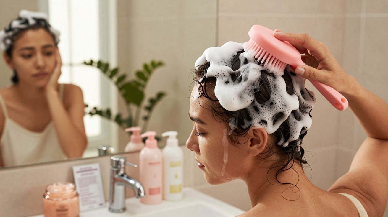 Mulher lavando o cabelo com escova e espuma de shampoo no banheiro, diante do espelho.