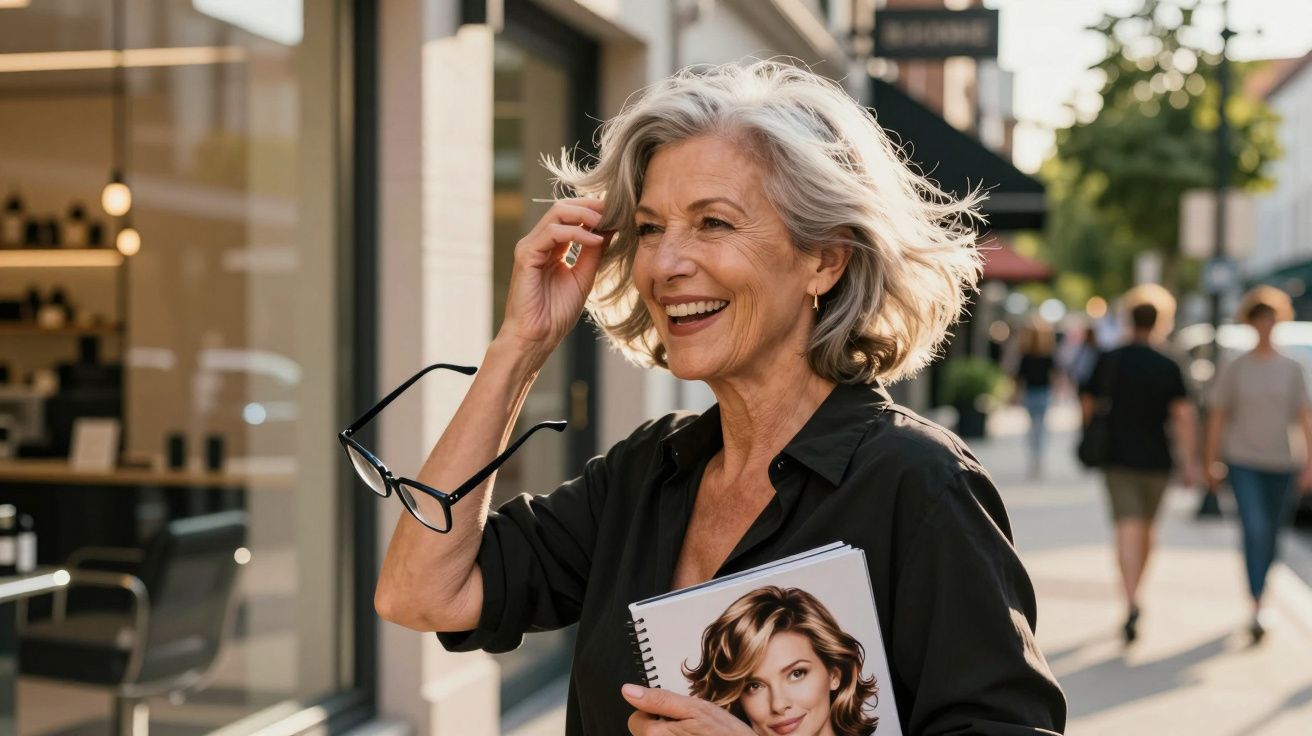 Mulher sorridente de cabelos grisalhos segurando óculos e revista em rua movimentada.