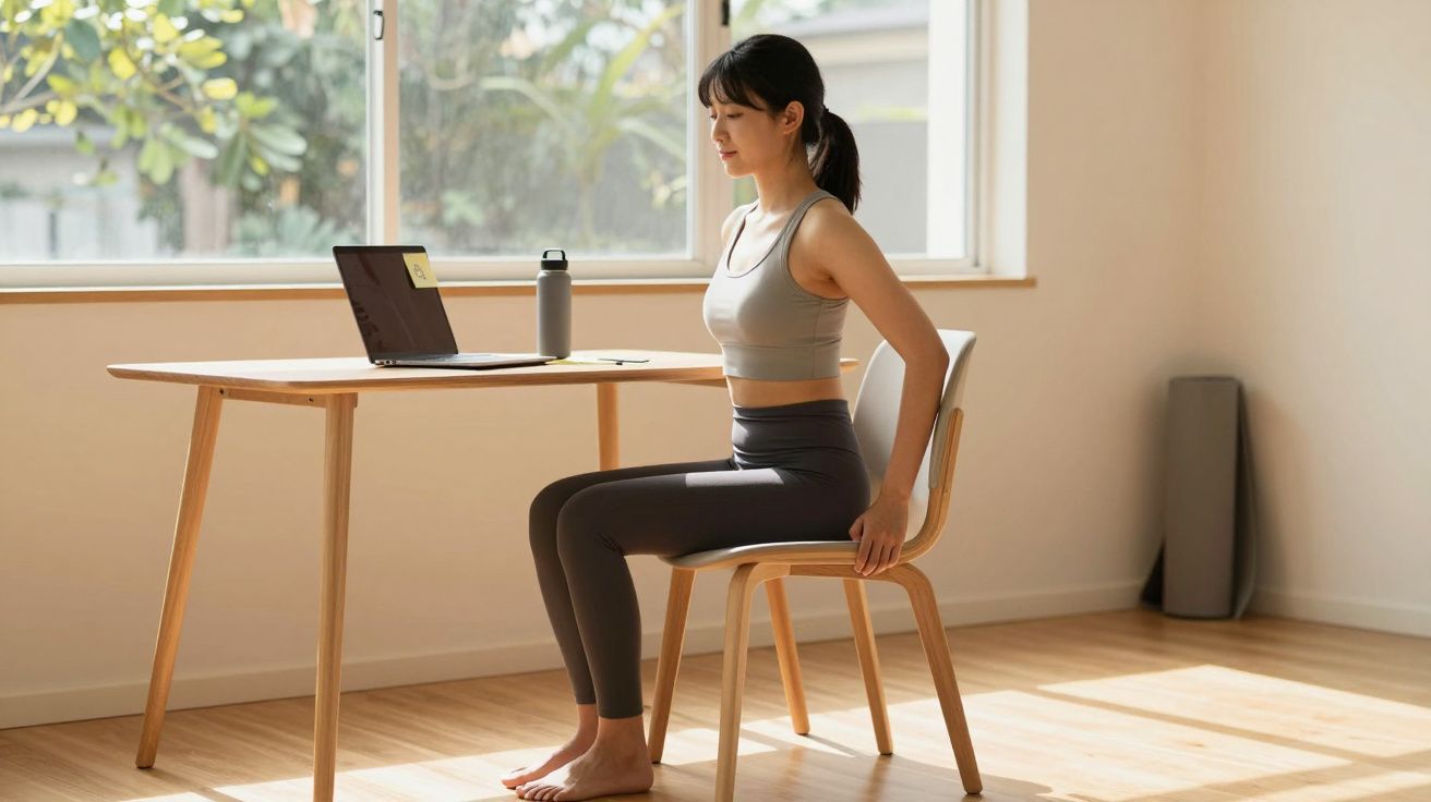 Mulher pratica exercícios de alongamento sentada em cadeira perto de mesa com laptop em ambiente claro e arejado.