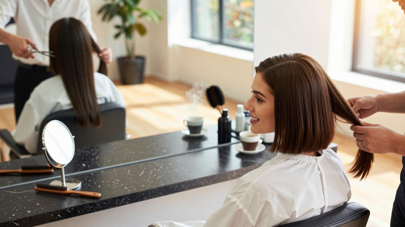 Mulher sorridente sentada em salão enquanto cabeleireiro segura cabelo comprido dela para corte.