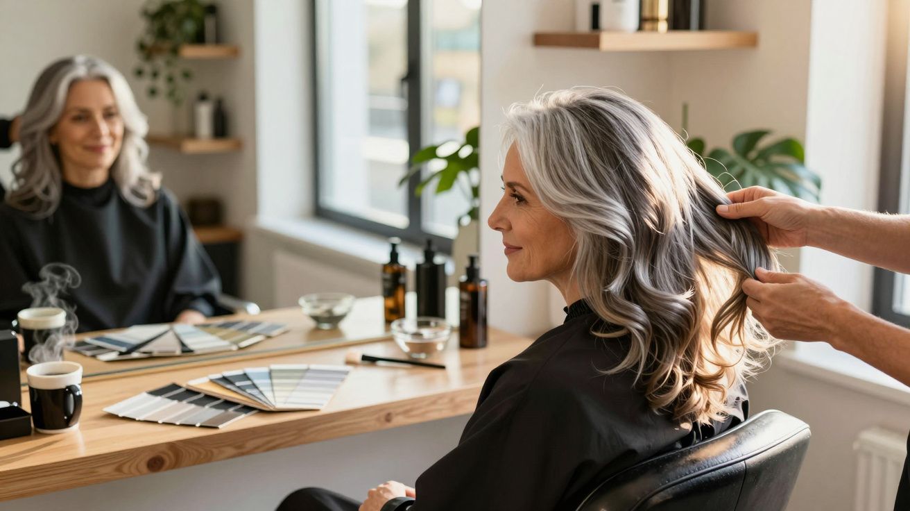 Mulher madura com cabelo grisalho sendo atendida em salão de beleza, sentada em cadeira vendo espelho.