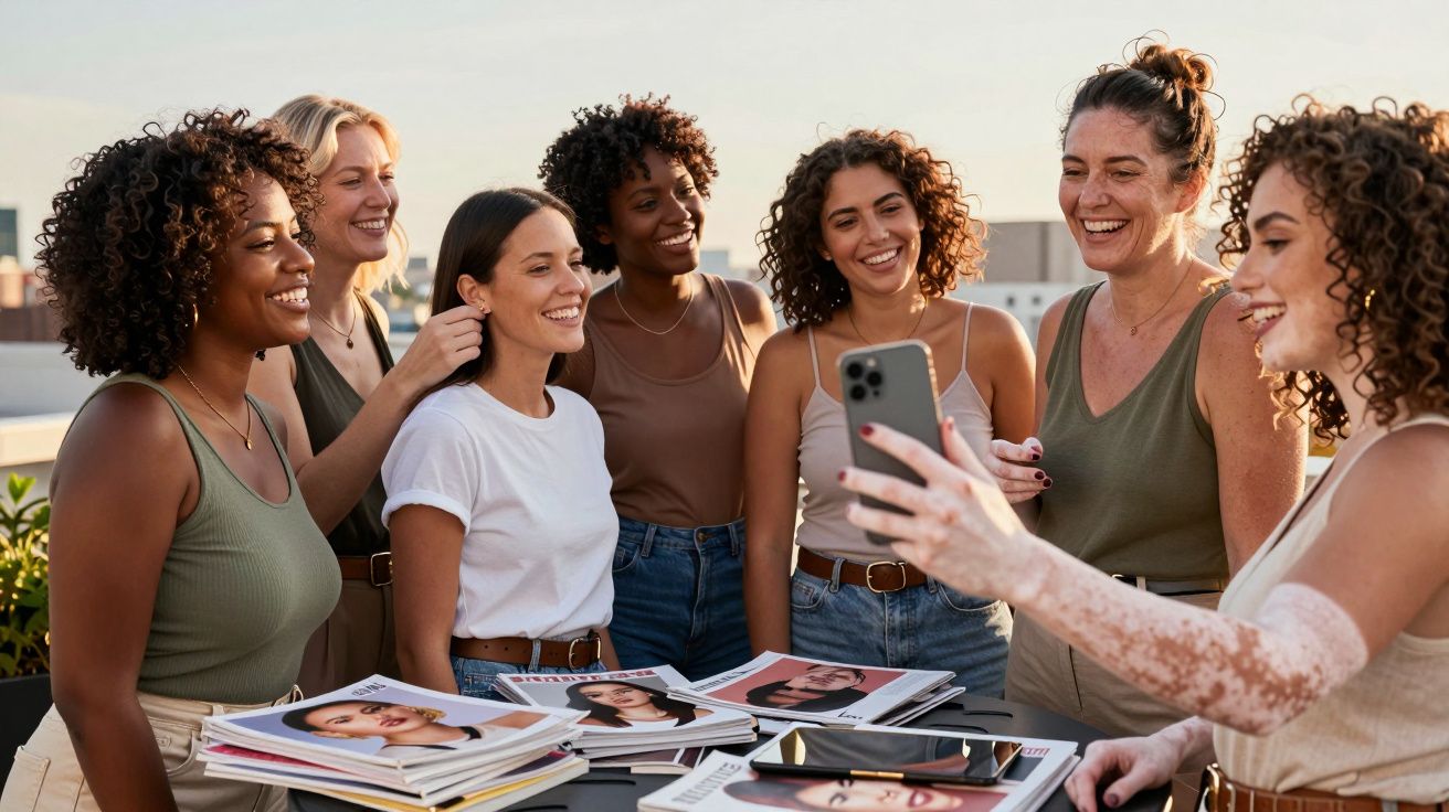 Grupo de seis mulheres sorrindo enquanto uma tira selfie com smartphone em mesa com revistas.
