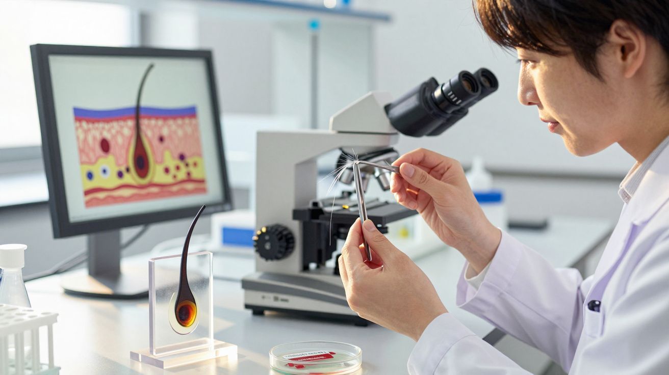 Pesquisadora em laboratório manipulando amostra capilar com microscópio e imagens da estrutura do cabelo ao fundo.