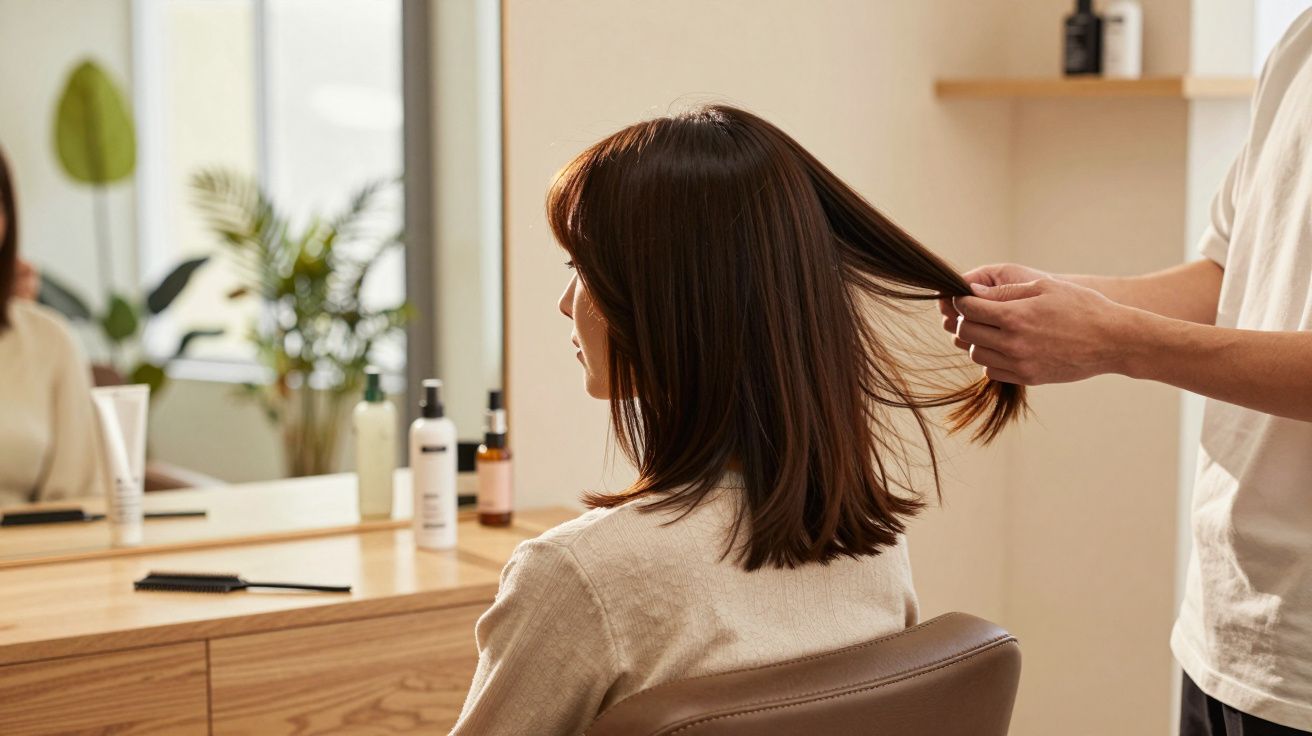 Mulher sentada em cadeira de salão com cabeleireiro segurando seu cabelo castanho médio.