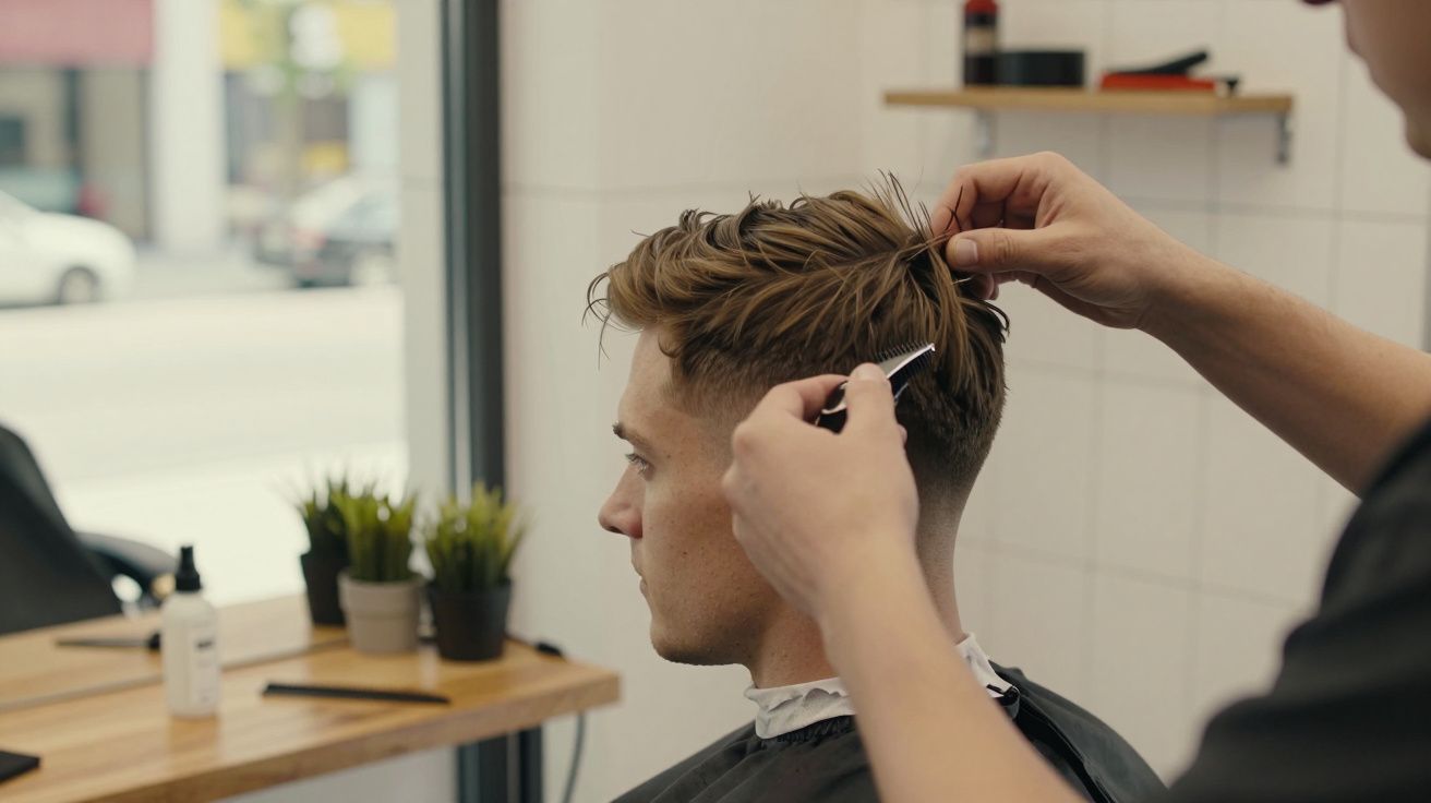 Homem loiro fazendo corte de cabelo em salão com pente fino nas mãos do barbeiro.