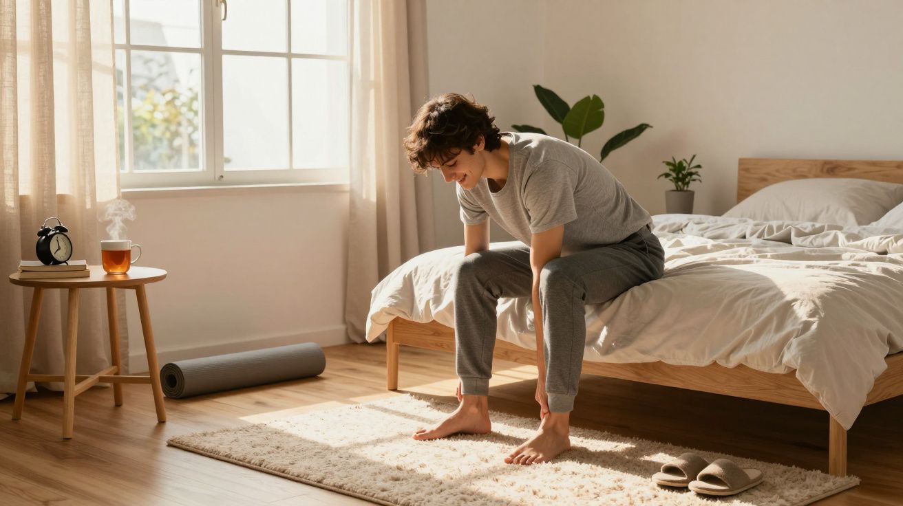 Homem sentado na cama em quarto iluminado, segurando os pés e parecendo cansado ou dolorido.