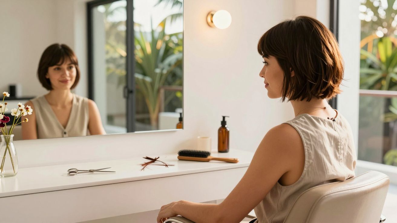 Mulher sentada de perfil olhando o próprio reflexo em espelho, com objetos de cuidados pessoais à frente.