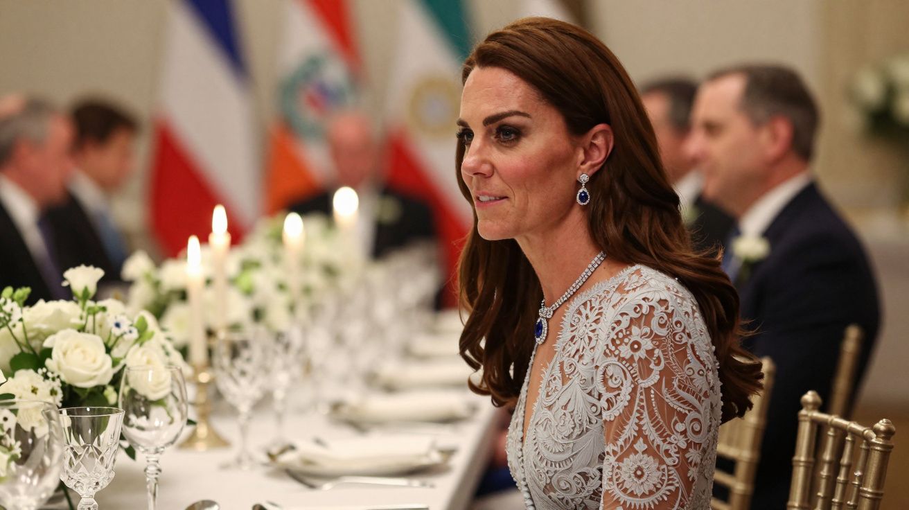 Mulher com vestido branco rendado sentada à mesa com decoração elegante e bandeiras desfocadas ao fundo.