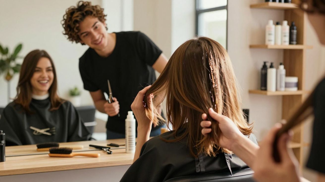Salão de beleza com cabeleireiro cortando o cabelo de mulher sorridente na frente do espelho.