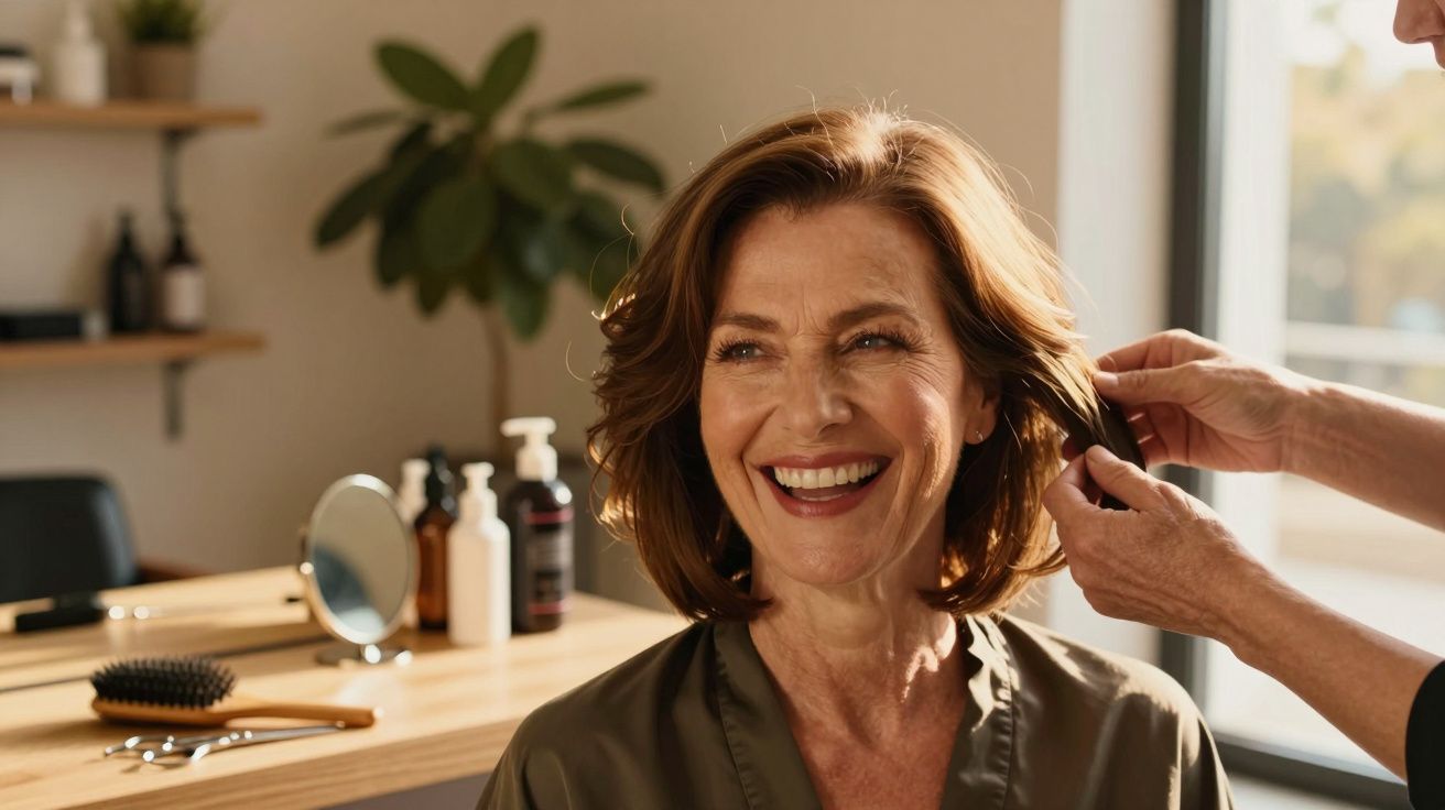 Mulher sorridente recebendo cuidados capilares em salão com produtos e escova ao fundo.