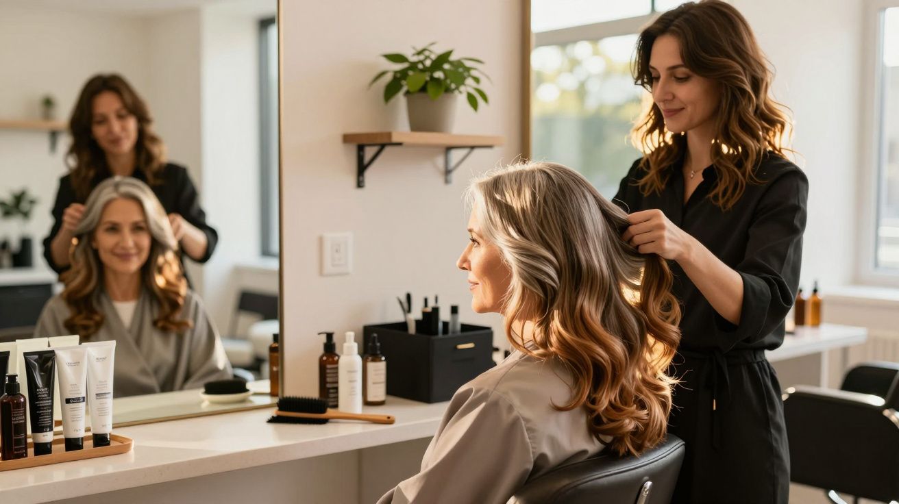 Mulher loira sendo penteada por cabeleireira em salão moderno com produtos de beleza no espelho.