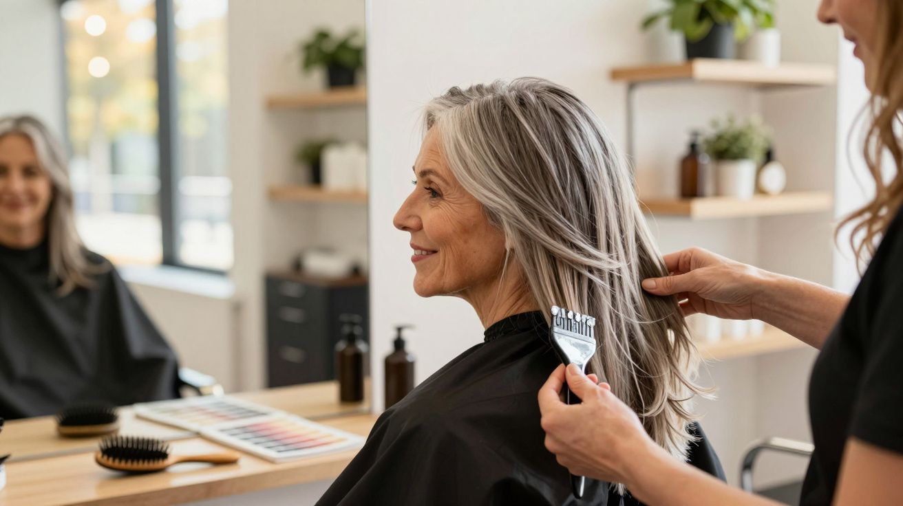Mulher sorridente com cabelo grisalho sendo penteada por cabeleireira em salão moderno e iluminado.