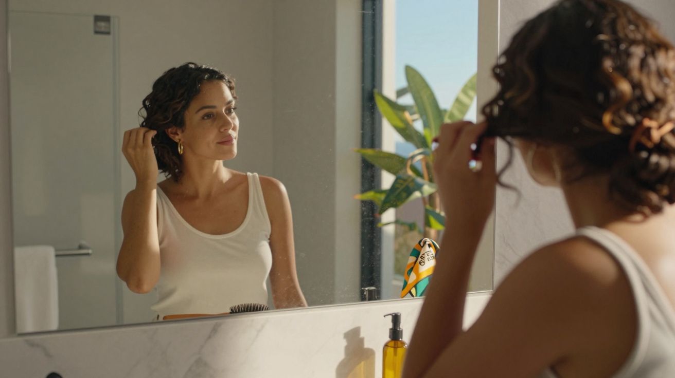 Mulher arrumando o cabelo em frente ao espelho em banheiro com planta ao fundo.