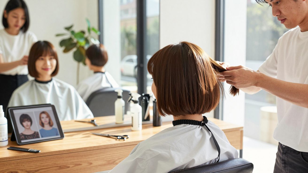 Mulher com corte de cabelo chanel sendo atendida por cabeleireiro em salão iluminado e moderno.