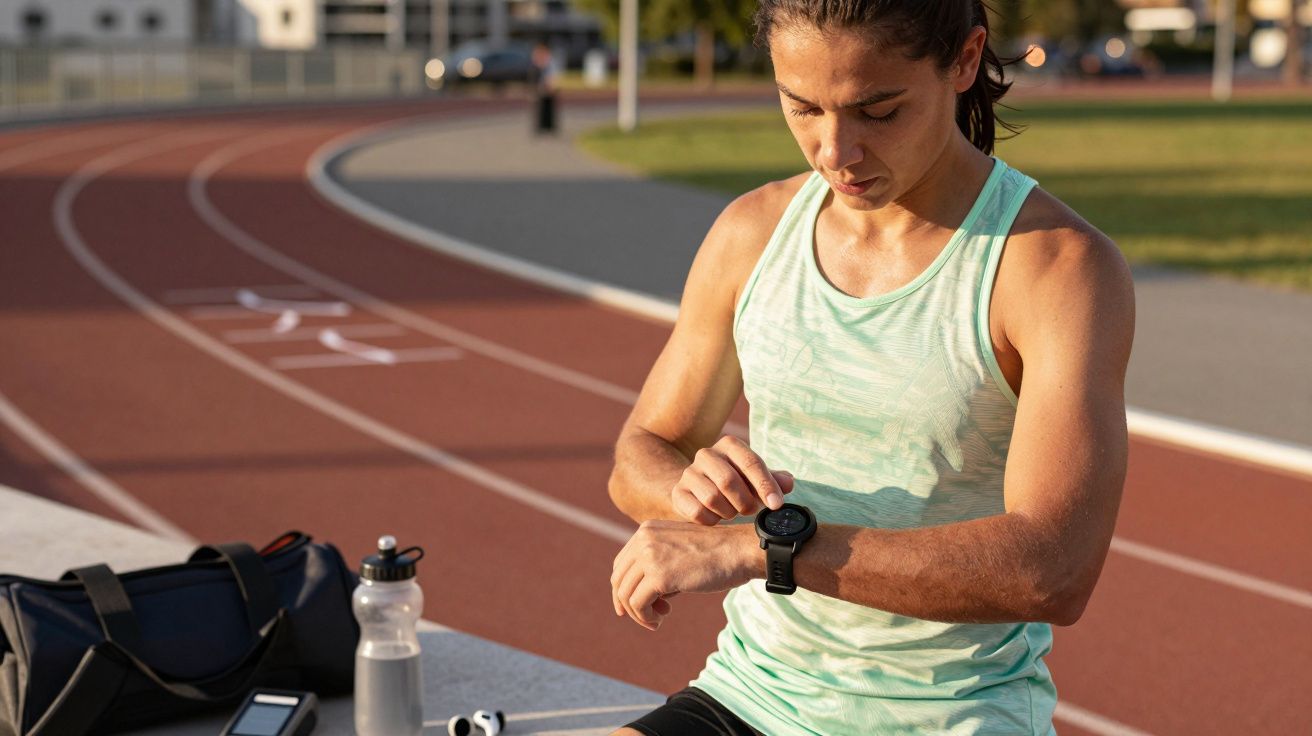 Mulher vestindo regata verde verifica relógio esportivo ao lado de pista de corrida ao ar livre.