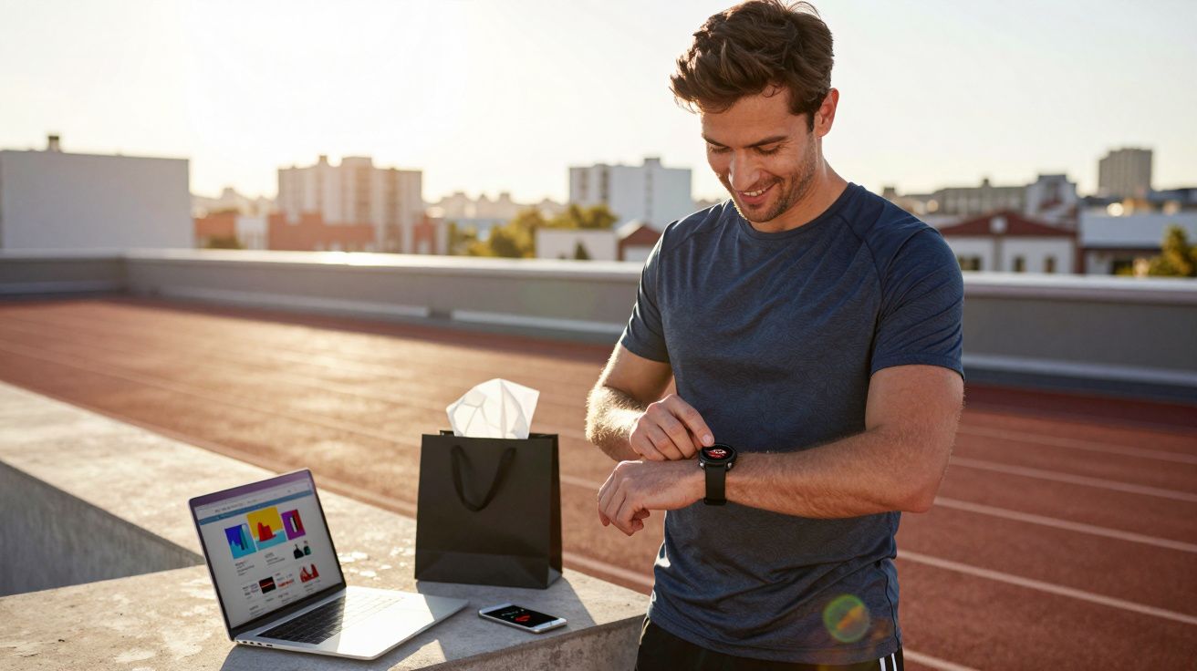 Homem sorrindo vê relógio inteligente em área externa com laptop, celular e sacola preta ao lado.