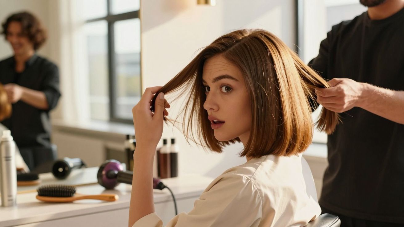 Mulher com cabelo curto sendo atendida por cabeleireiro em salão de beleza moderno e iluminado.