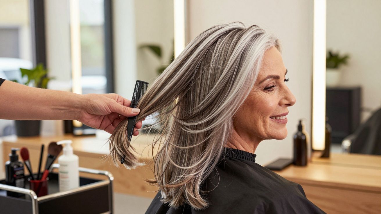 Mulher madura com cabelos grisalhos sendo penteada em salão de beleza moderno e iluminado.