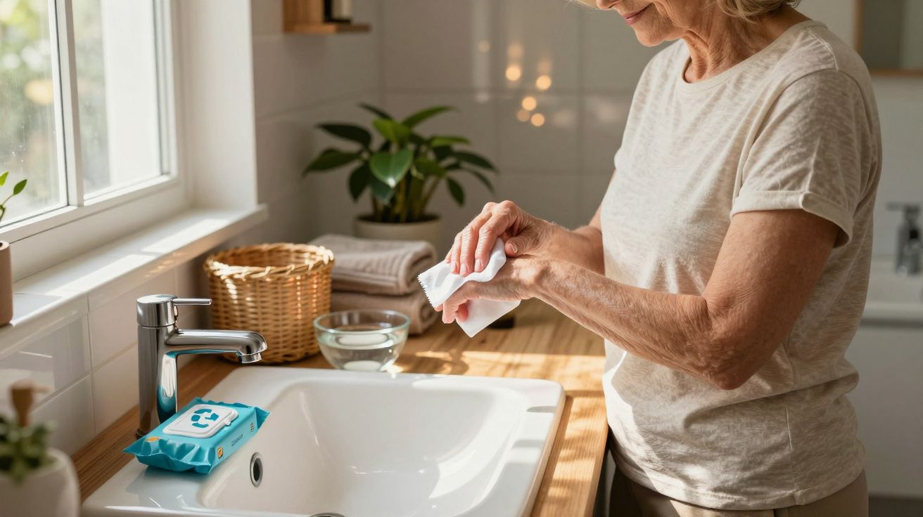 Mulher idosa limpando as mãos com lenço umedecido ao lado de pia em banheiro iluminado pela janela.
