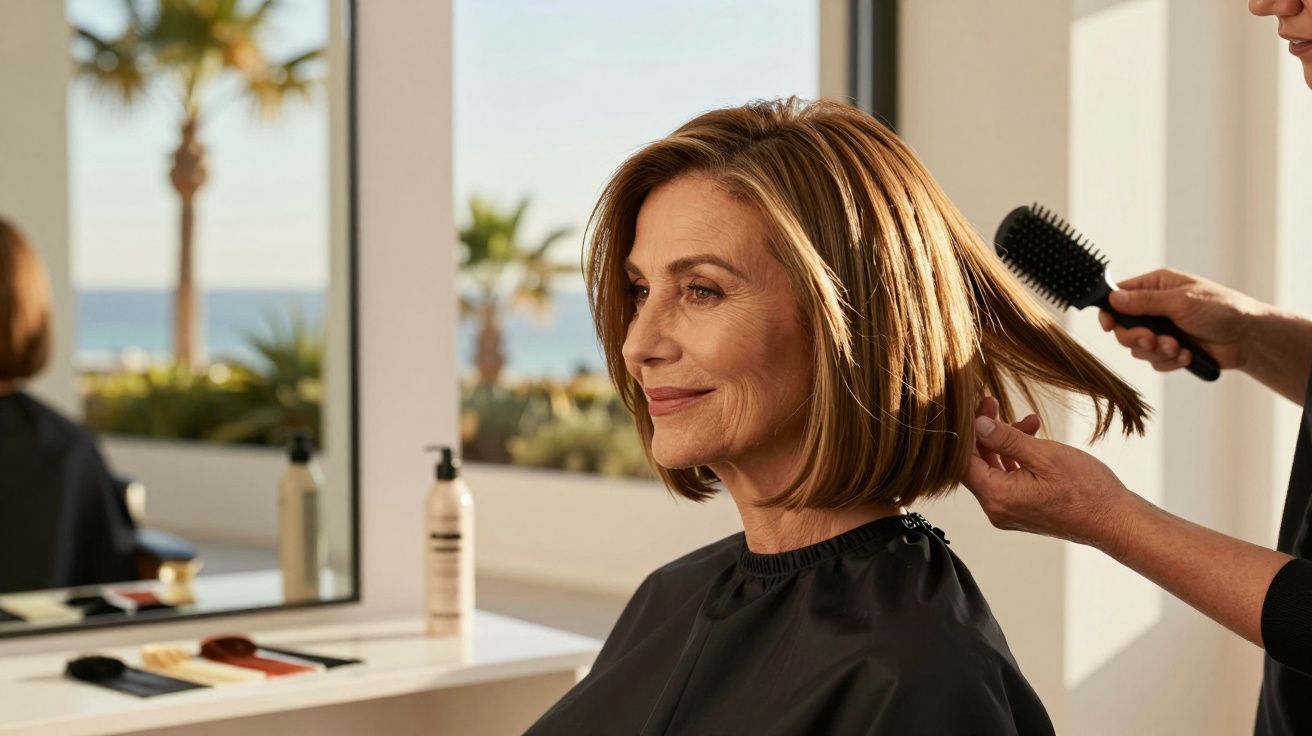 Mulher sorrindo enquanto seu cabelo é penteado em salão com vista para o mar e palmeiras ao fundo.