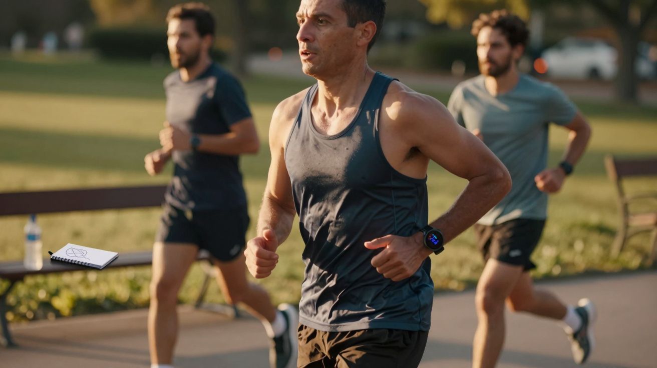 Homem correndo em parque ao ar livre com outras duas pessoas ao fundo em dia ensolarado.