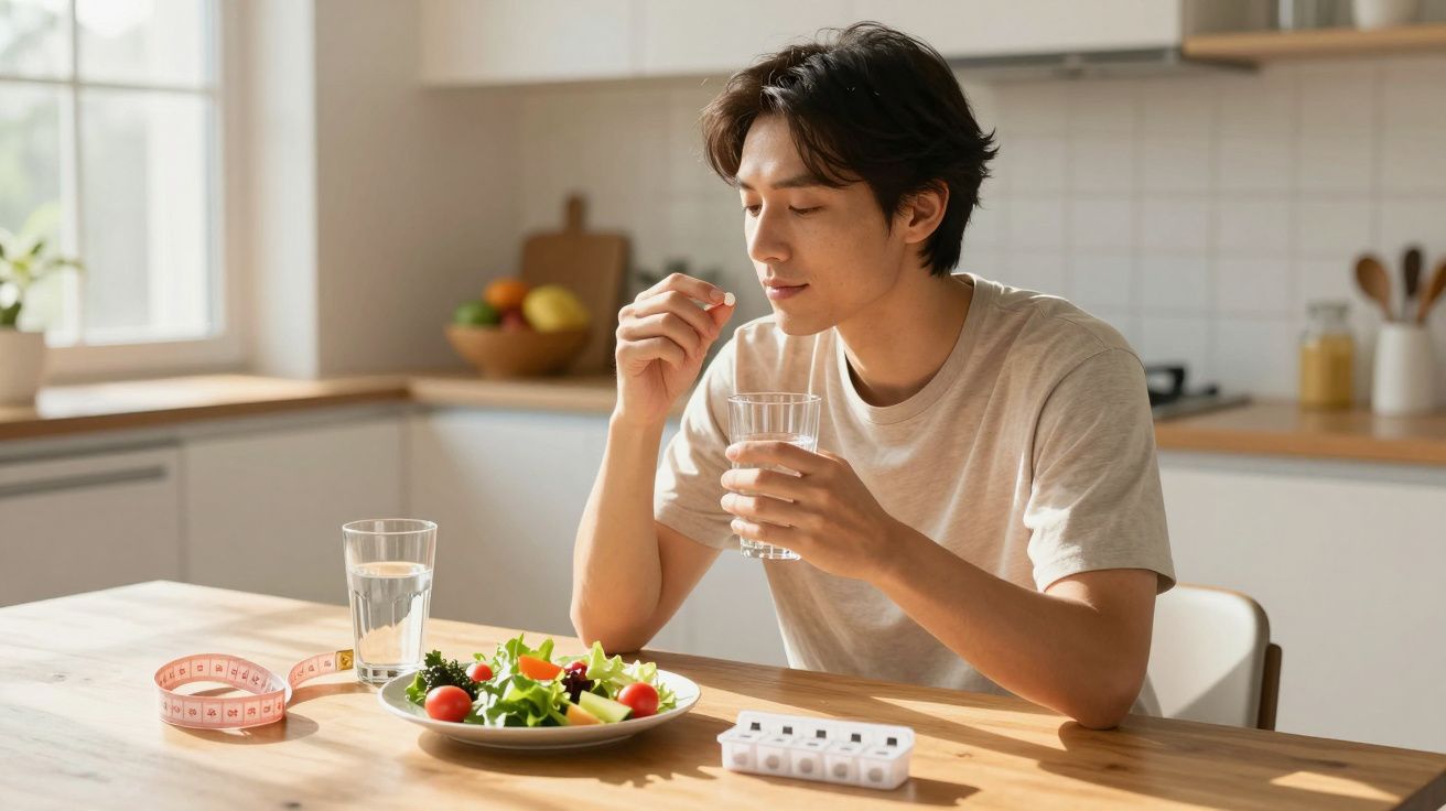 Homem tomando comprimido com copo d'água sentado à mesa com salada e estojo de pílulas na cozinha.