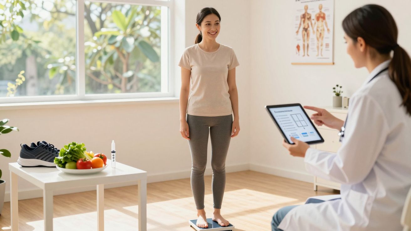Paciente em consulta médica pesando-se enquanto doutora registra dados em tablet em clínica clara e iluminada.