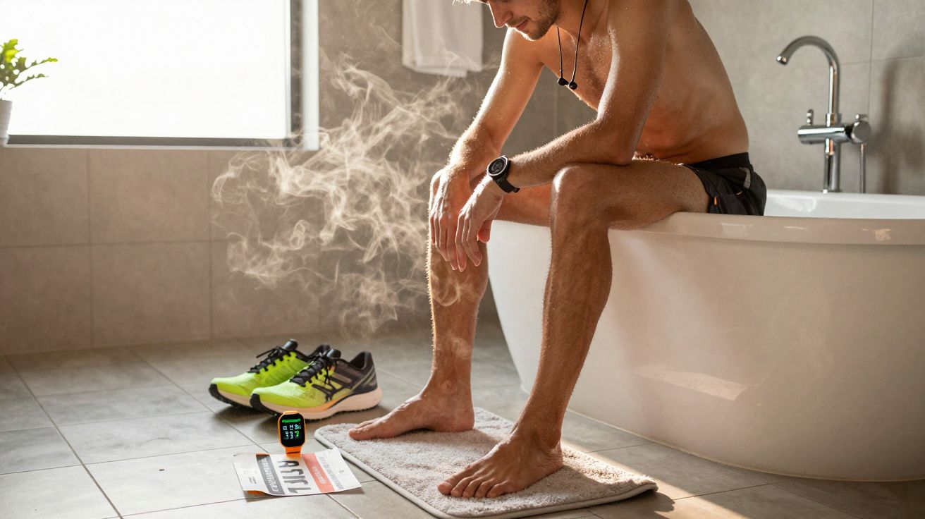 Homem sentado na borda da banheira, com tênis e roupas de corrida no chão, em banheiro iluminado.