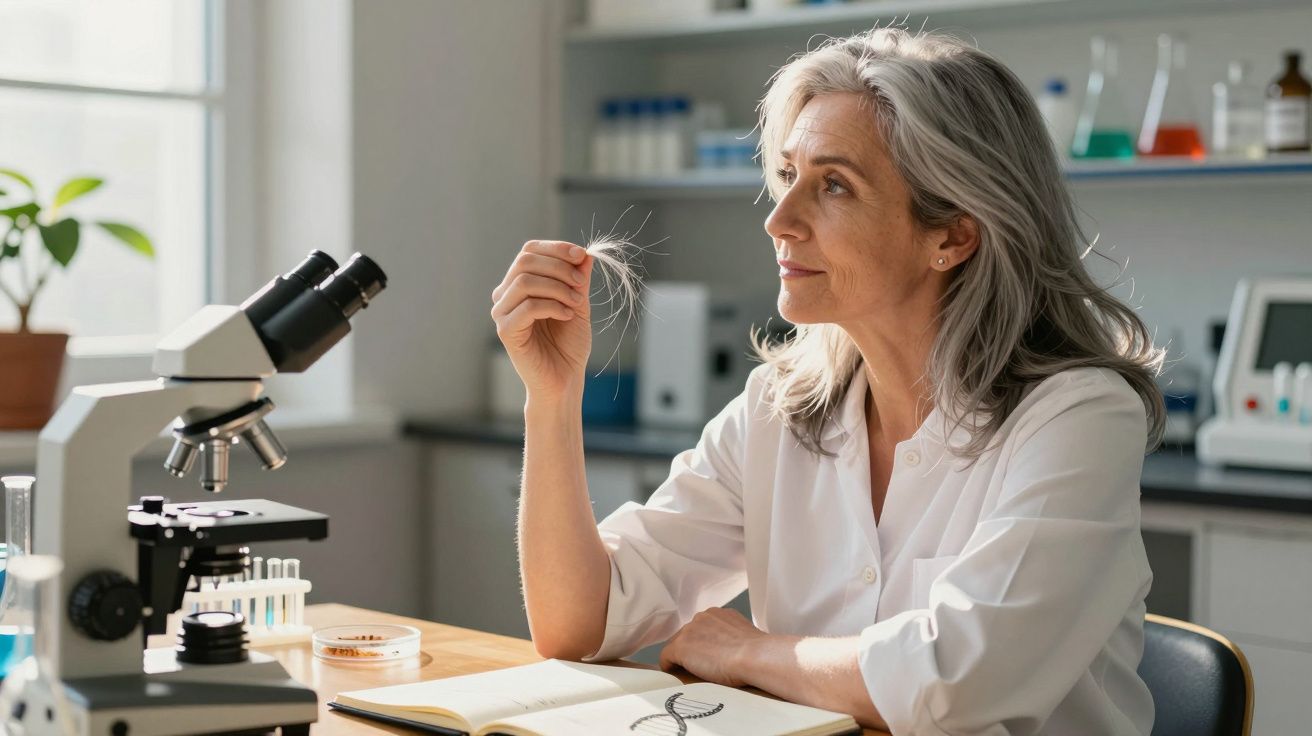 Mulher cientista examinando fios de cabelo em laboratório com equipamentos e livro aberto à mesa.