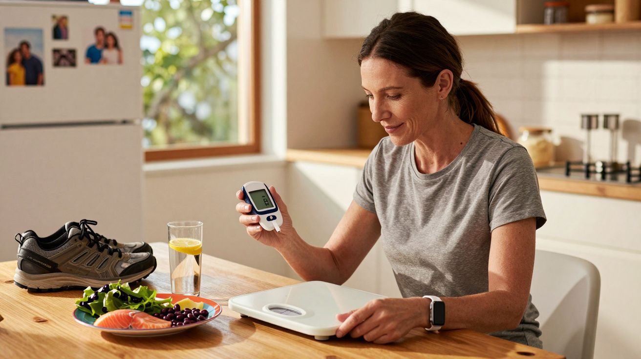 Mulher verificando glicose com monitor, ao lado de balança, prato saudável e tênis na mesa da cozinha.