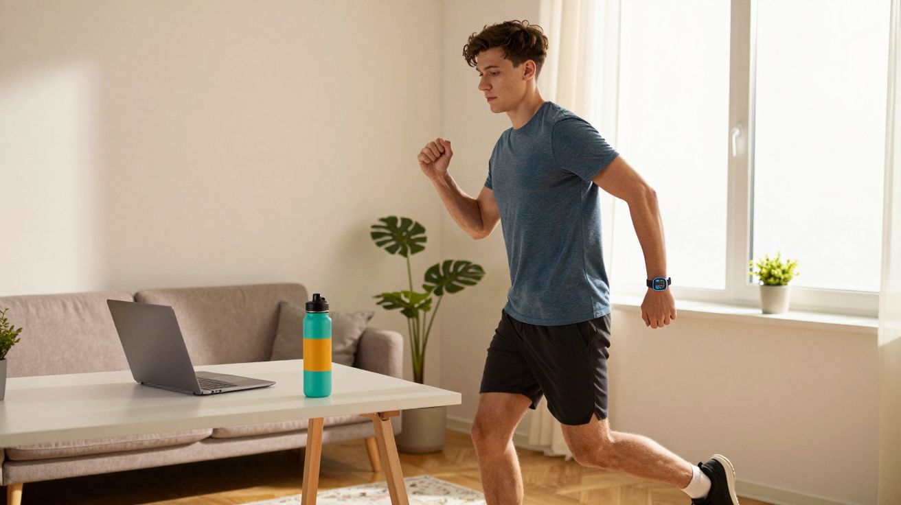 Homem jovem fazendo exercícios dentro de casa usando roupa casual e olhando para laptop sobre mesa branca.