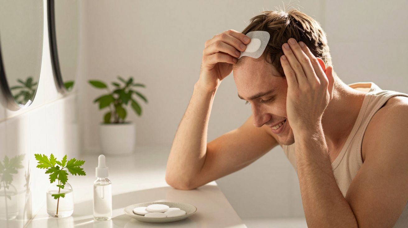Homem aplicando um adesivo capilar branco para tratamento no couro cabeludo, sentado em ambiente claro.