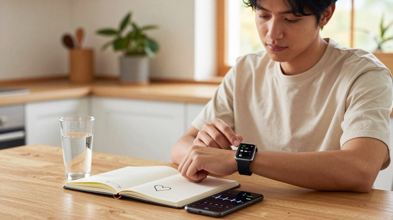 Jovem sentado à mesa usando relógio inteligente para monitorar saúde, com celular e caderno ao lado.