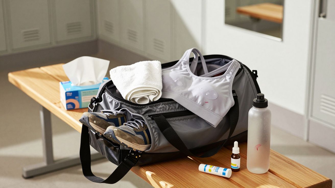 Bolsa esportiva com tênis, toalha, top, garrafa d'água e produtos sobre banco em vestiário.