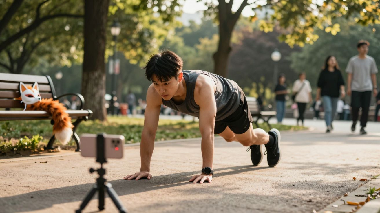 Jovem fazendo flexão ao ar livre em parque, gravando treino com celular em tripé.