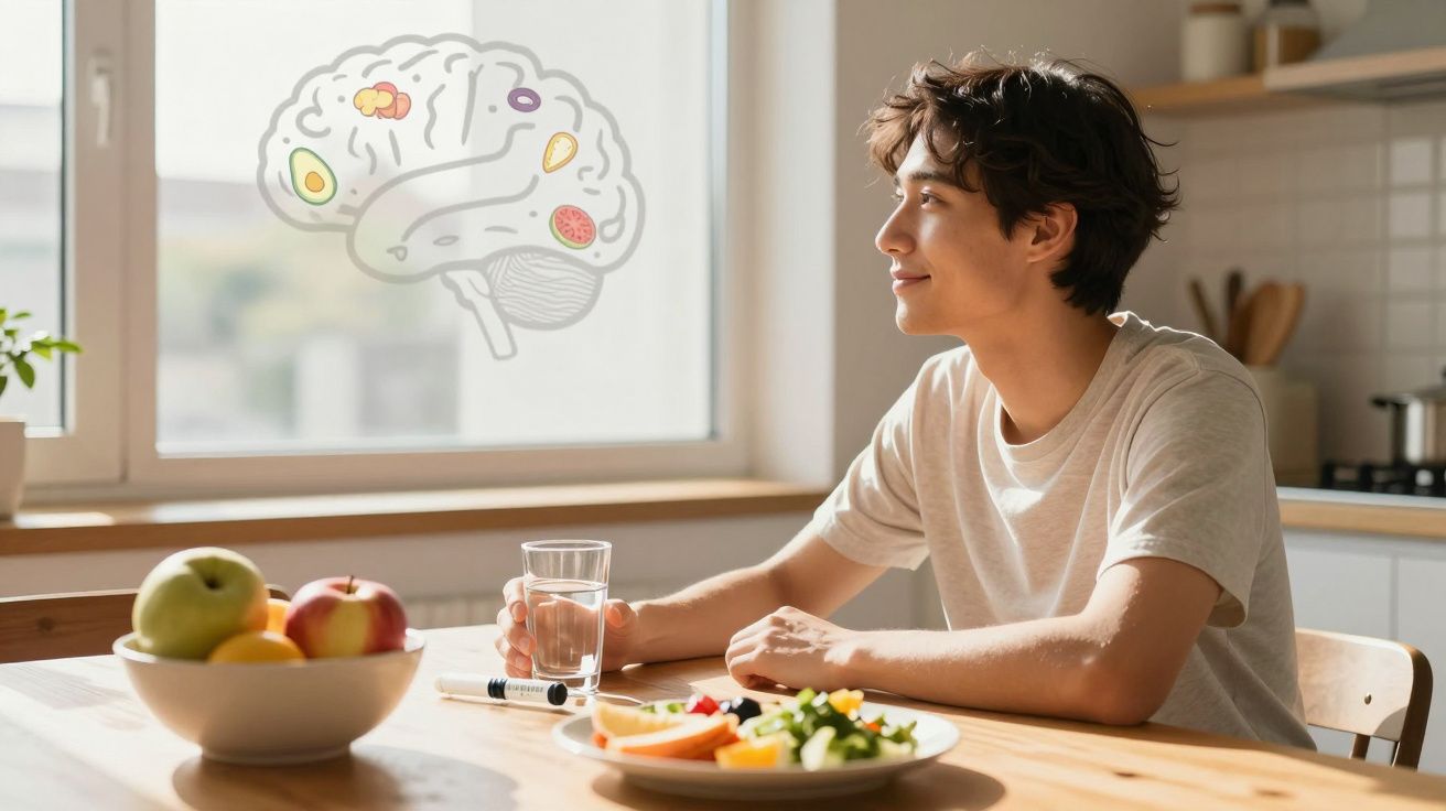 Jovem sentado à mesa com comida saudável, segurando copo d'água, com ilustração de cérebro na janela.