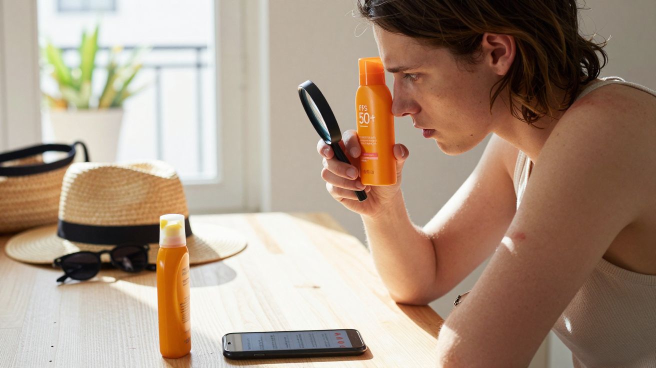 Pessoa olhando atentamente para protetor solar FPS 50+ com lupa em mesa iluminada por luz natural.