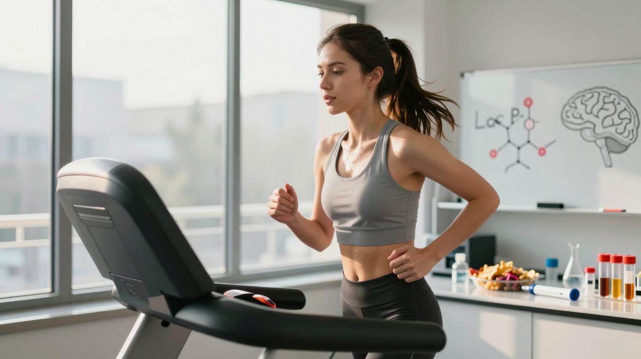 Mulher correndo na esteira em ambiente de academia com quadro branco e alimentos ao fundo.